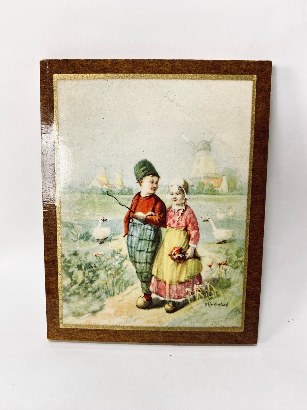 4 1/2” x 3 1/2” Vintage F. Van Vreeland Dutch Boy Girl Print Picture Wood Board